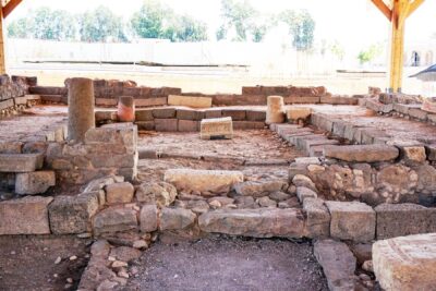 Bible Archaeology Discoveries of the entrance to the first of two synagogues unearthed in the ruins of Magdala. 