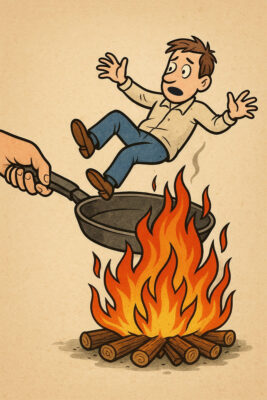 Cartoon image of Man being tossed into a fire from a frying pan