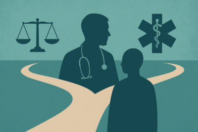 an image with scales, a doctor, a patient, and symbol of the biblical serpent on a cross above a crossroads. Do I end my life or not?